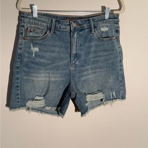 Judy Blue Distressed Mid-Blue Denim Shorts